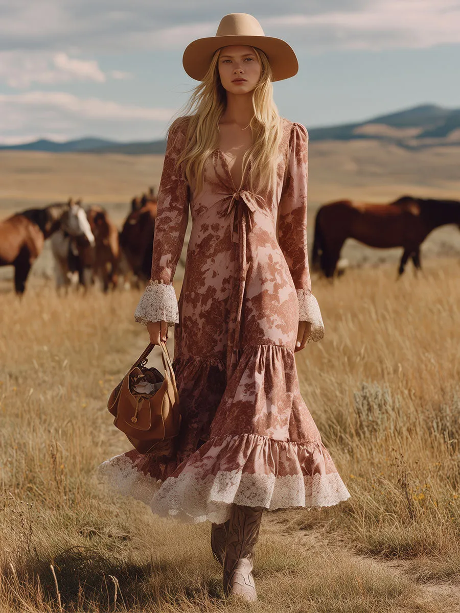 Western-style Retro Pink Cow Print Faux Suede Lace Midi Dress sold by Oyrosy product image thumbnail 2