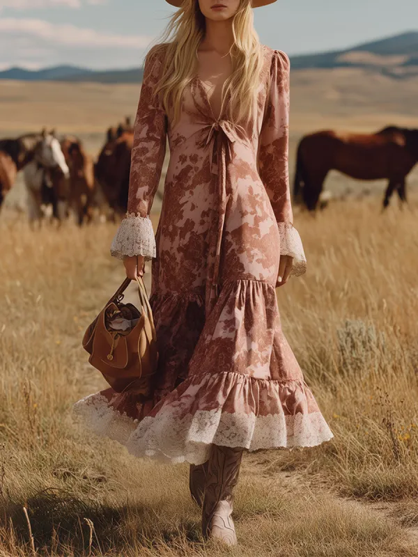 Western-style Retro Pink Cow Print Faux Suede Lace Midi Dress sold by Oyrosy