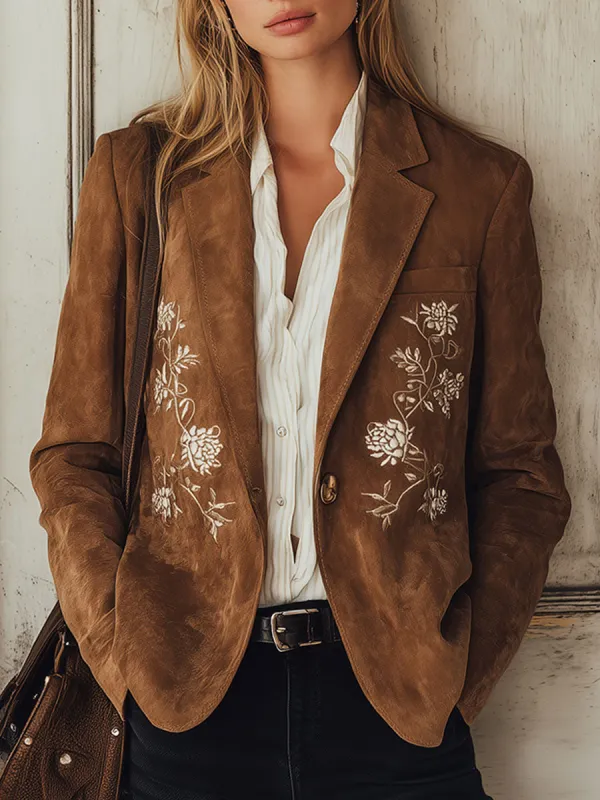 Vintage Embroidered Brown Faux Suede Blazer sold by Oyrosy