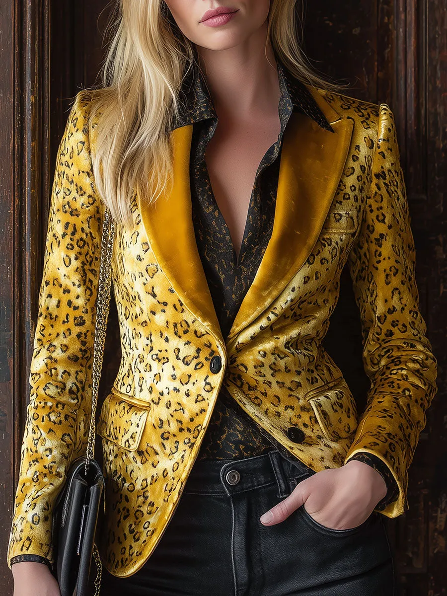 Stylish Retro Yellow Leopard Print Velvet Blazer sold by Oyrosy