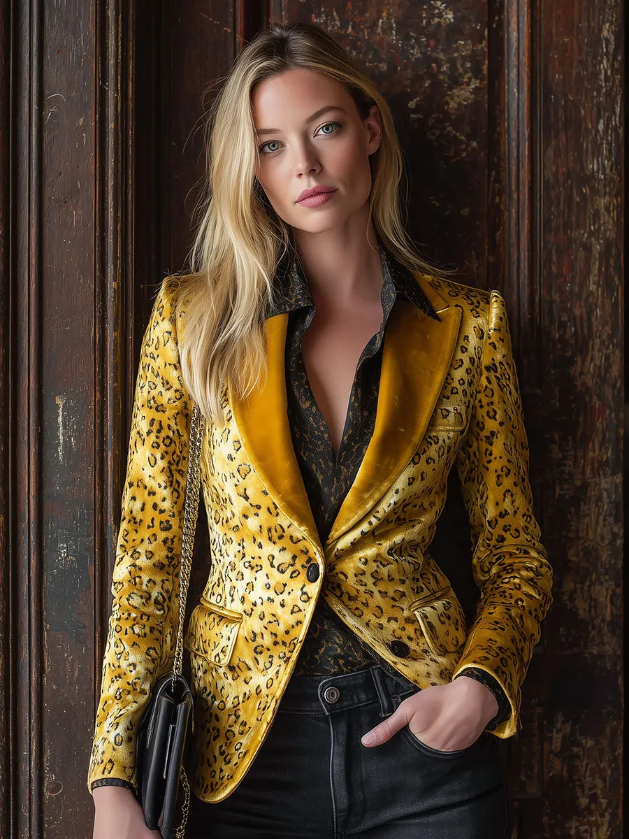 Stylish Retro Yellow Leopard Print Velvet Blazer sold by Oyrosy product image thumbnail 2