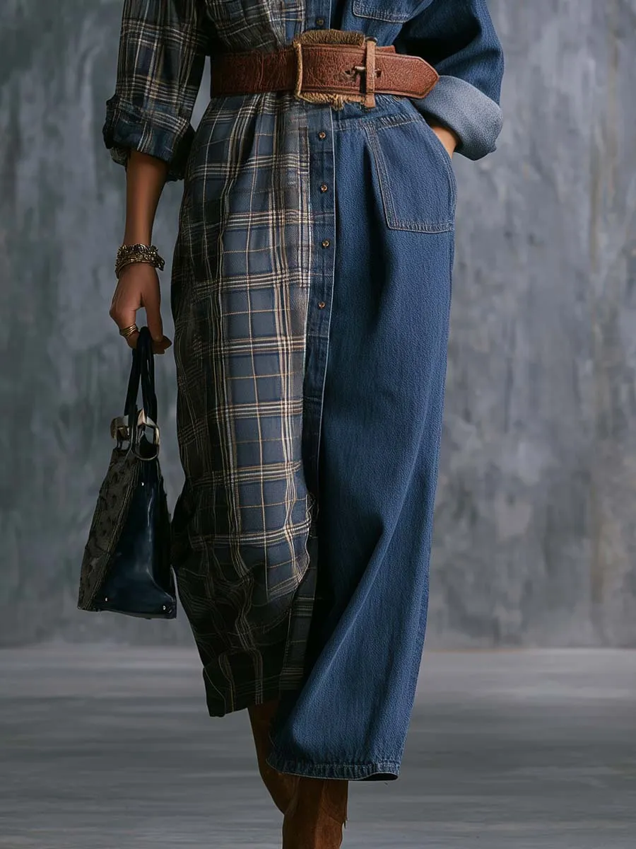 Vintage Western Front Button Plaid And Denim Patchwork Shirt Maxi Dress sold by Oyrosy product image thumbnail 4