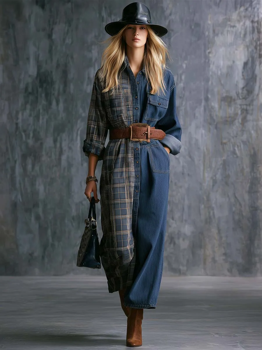 Vintage Western Front Button Plaid And Denim Patchwork Shirt Maxi Dress sold by Oyrosy product image thumbnail 2