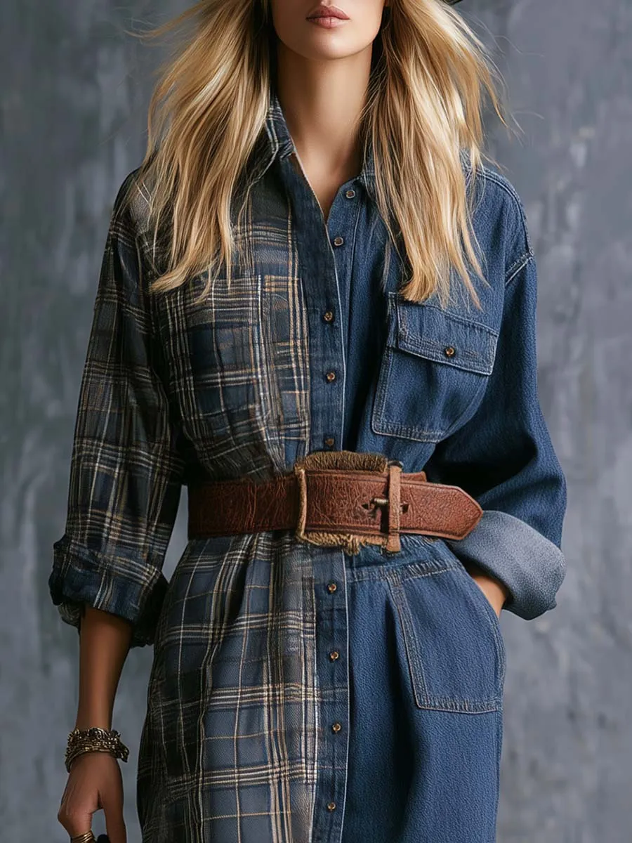 Vintage Western Front Button Plaid And Denim Patchwork Shirt Maxi Dress sold by Oyrosy product image thumbnail 3