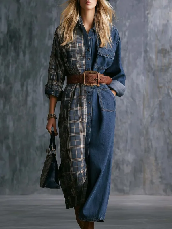 Vintage Western Front Button Plaid And Denim Patchwork Shirt Maxi Dress sold by Oyrosy