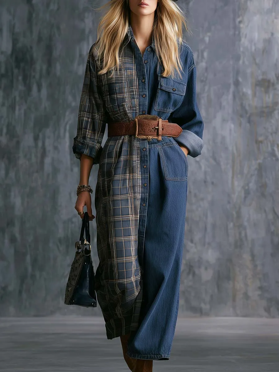 Vintage Western Front Button Plaid And Denim Patchwork Shirt Maxi Dress sold by Oyrosy