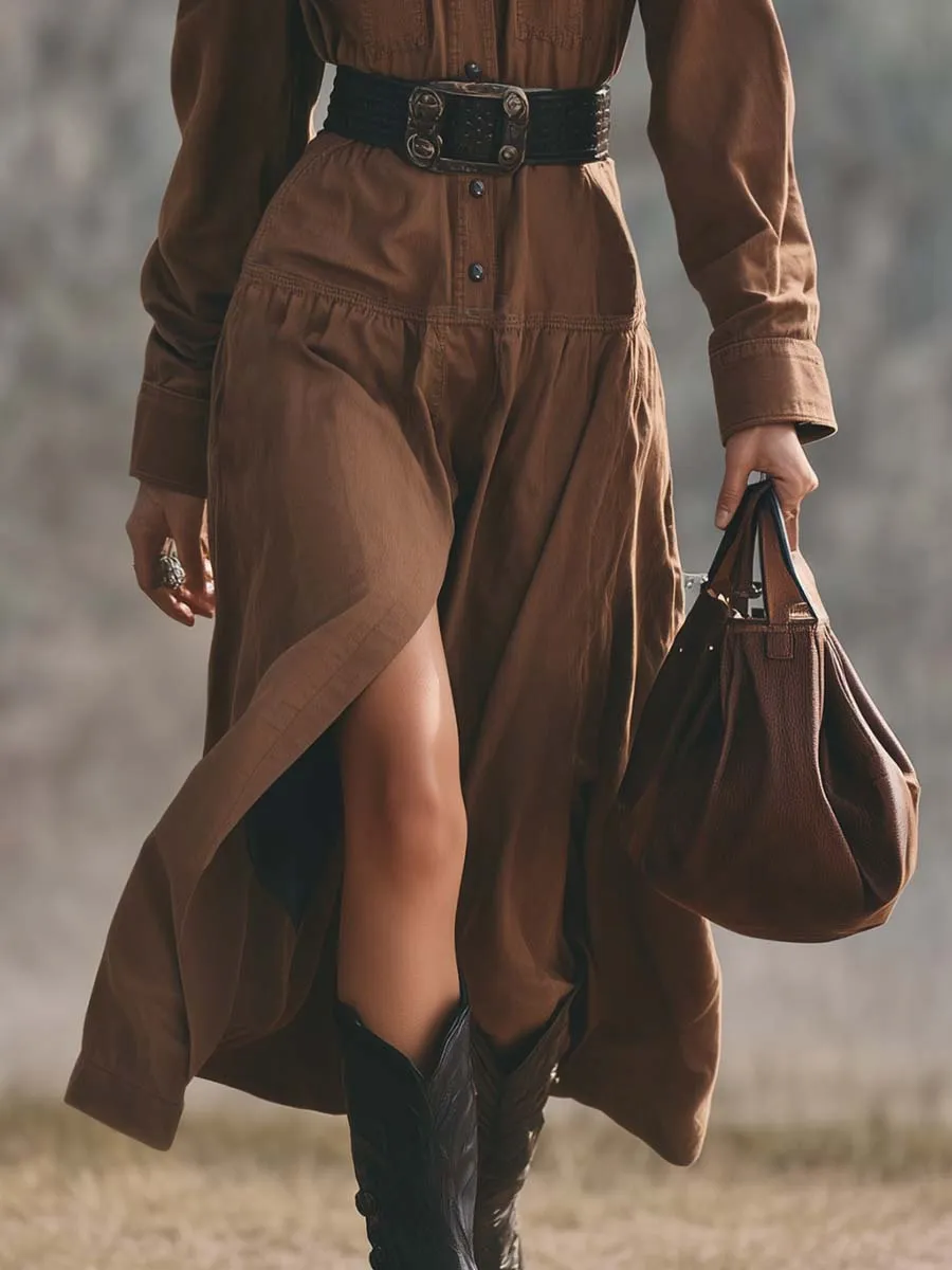 Vintage Western Front Button Brown Denim Slit Midi Dress sold by Oyrosy product image thumbnail 4