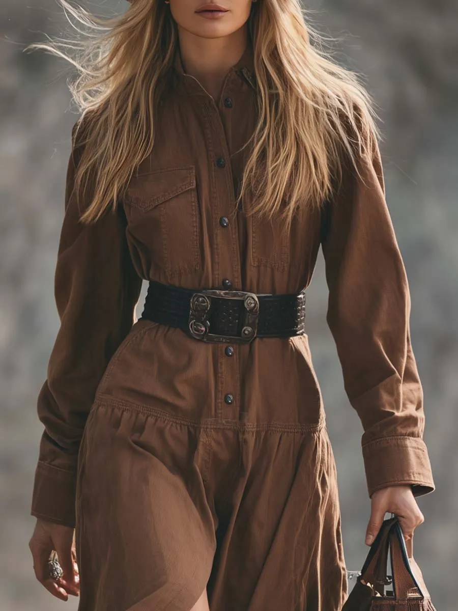 Vintage Western Front Button Brown Denim Slit Midi Dress sold by Oyrosy product image thumbnail 3