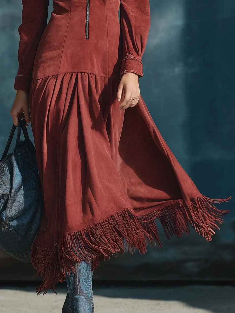Vintage Western Lapel Collar Front Zipper Fringed Hem Red Suede Midi Dress sold by Oyrosy product image thumbnail 4