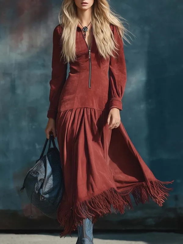 Vintage Western Lapel Collar Front Zipper Fringed Hem Red Suede Midi Dress sold by Oyrosy