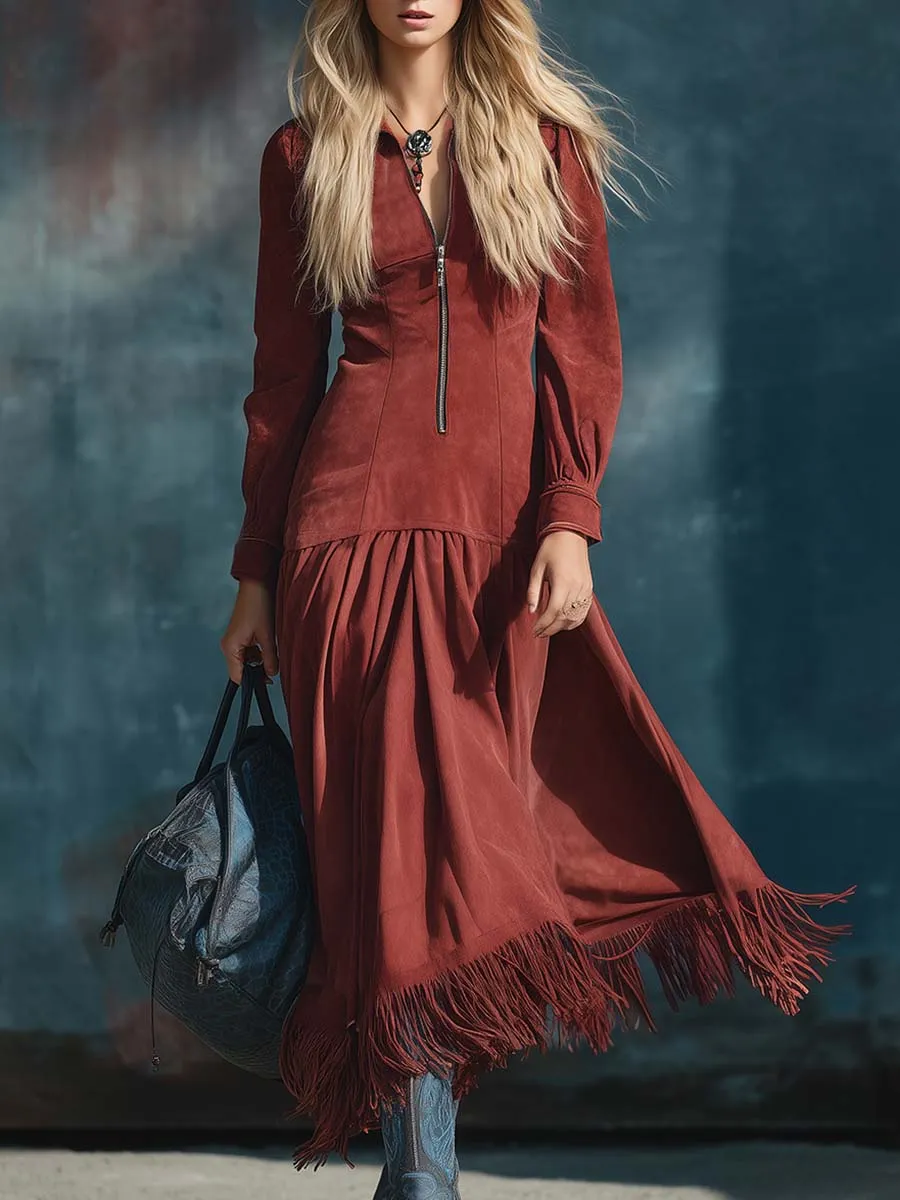 Vintage Western Lapel Collar Front Zipper Fringed Hem Red Suede Midi Dress sold by Oyrosy