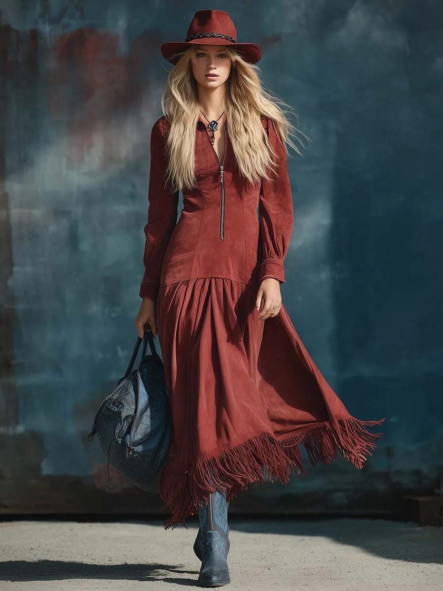 Vintage Western Lapel Collar Front Zipper Fringed Hem Red Suede Midi Dress sold by Oyrosy product image thumbnail 2