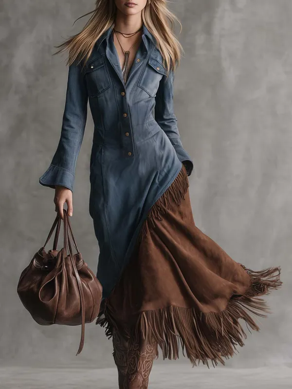Western Vintage Front Button Brown Suede Fringed Hem Blue Denim Midi Dress sold by Oyrosy