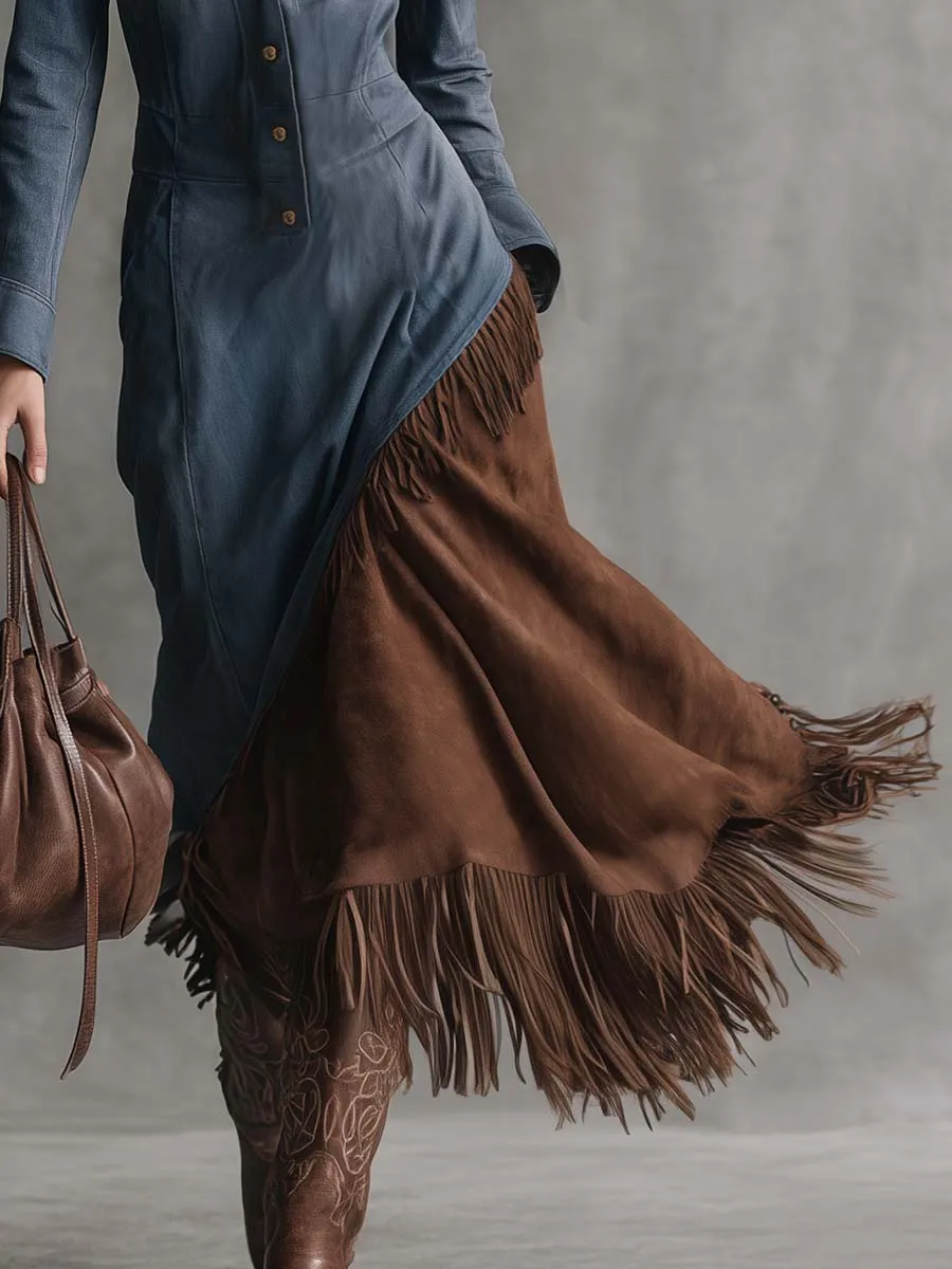 Western Vintage Front Button Brown Suede Fringed Hem Blue Denim Midi Dress sold by Oyrosy product image thumbnail 4