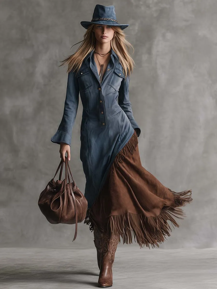 Western Vintage Front Button Brown Suede Fringed Hem Blue Denim Midi Dress sold by Oyrosy product image thumbnail 2