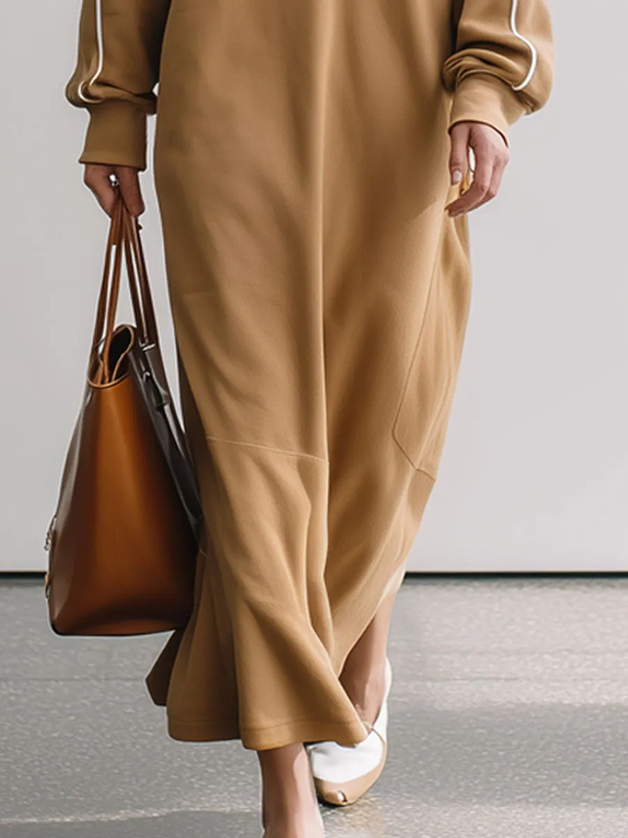 Casual Retro Half-zip Camel Cotton Fleece Slit Sporty Maxi Dress sold by Oyrosy product image thumbnail 4