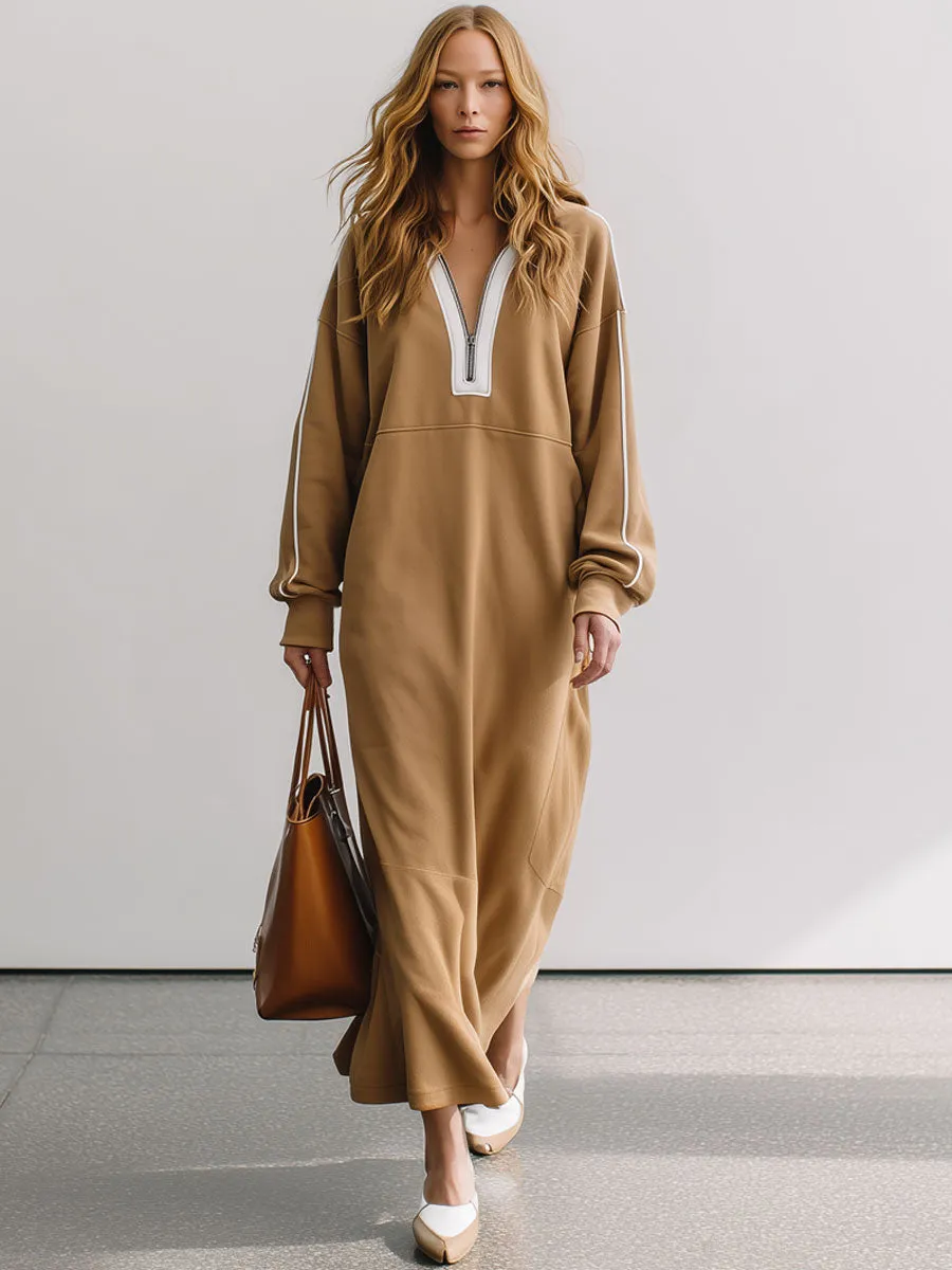 Casual Retro Half-zip Camel Cotton Fleece Slit Sporty Maxi Dress sold by Oyrosy product image thumbnail 2
