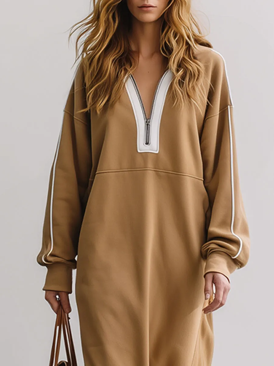 Casual Retro Half-zip Camel Cotton Fleece Slit Sporty Maxi Dress sold by Oyrosy product image thumbnail 3