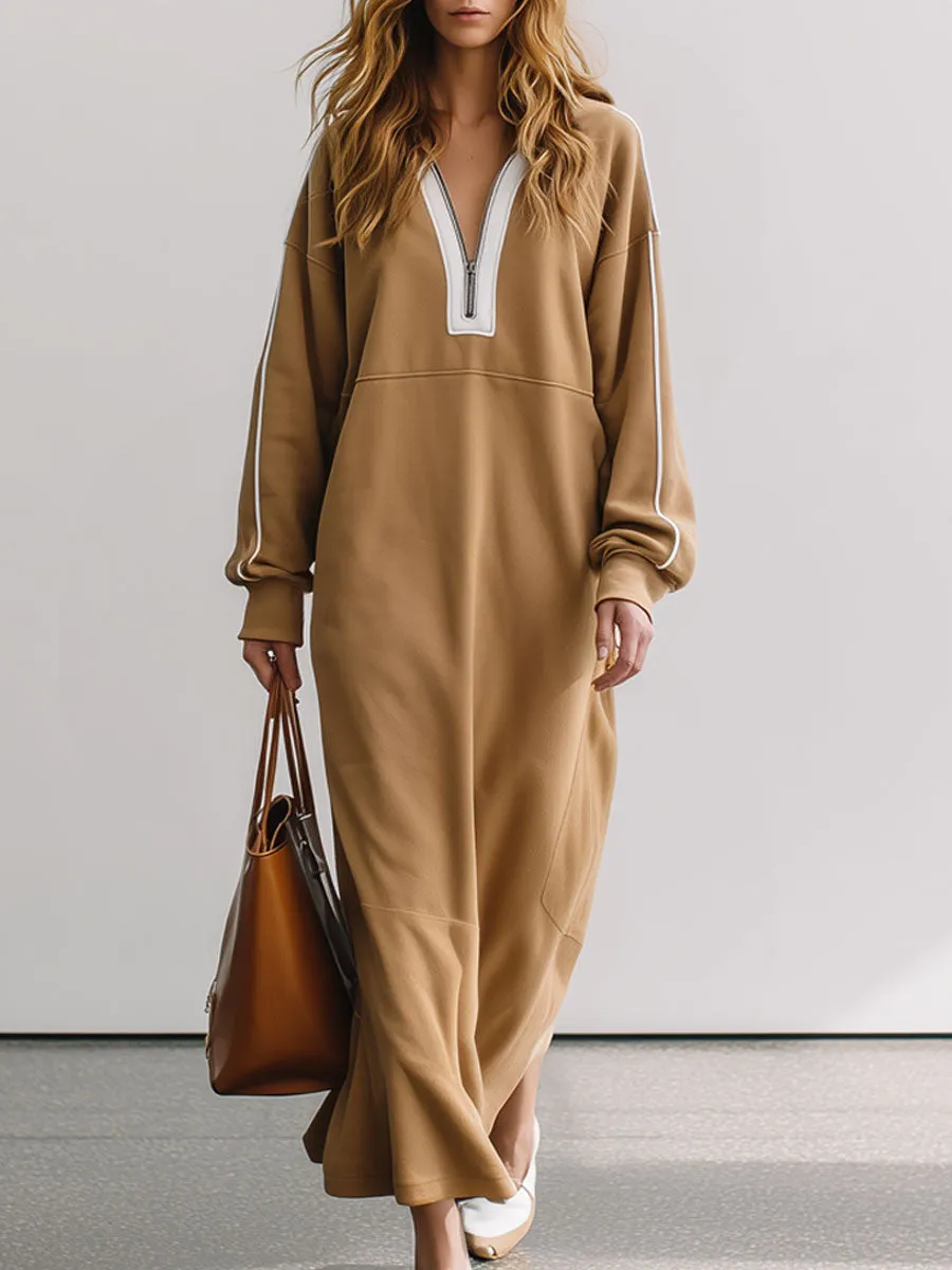 Casual Retro Half-zip Camel Cotton Fleece Slit Sporty Maxi Dress sold by Oyrosy