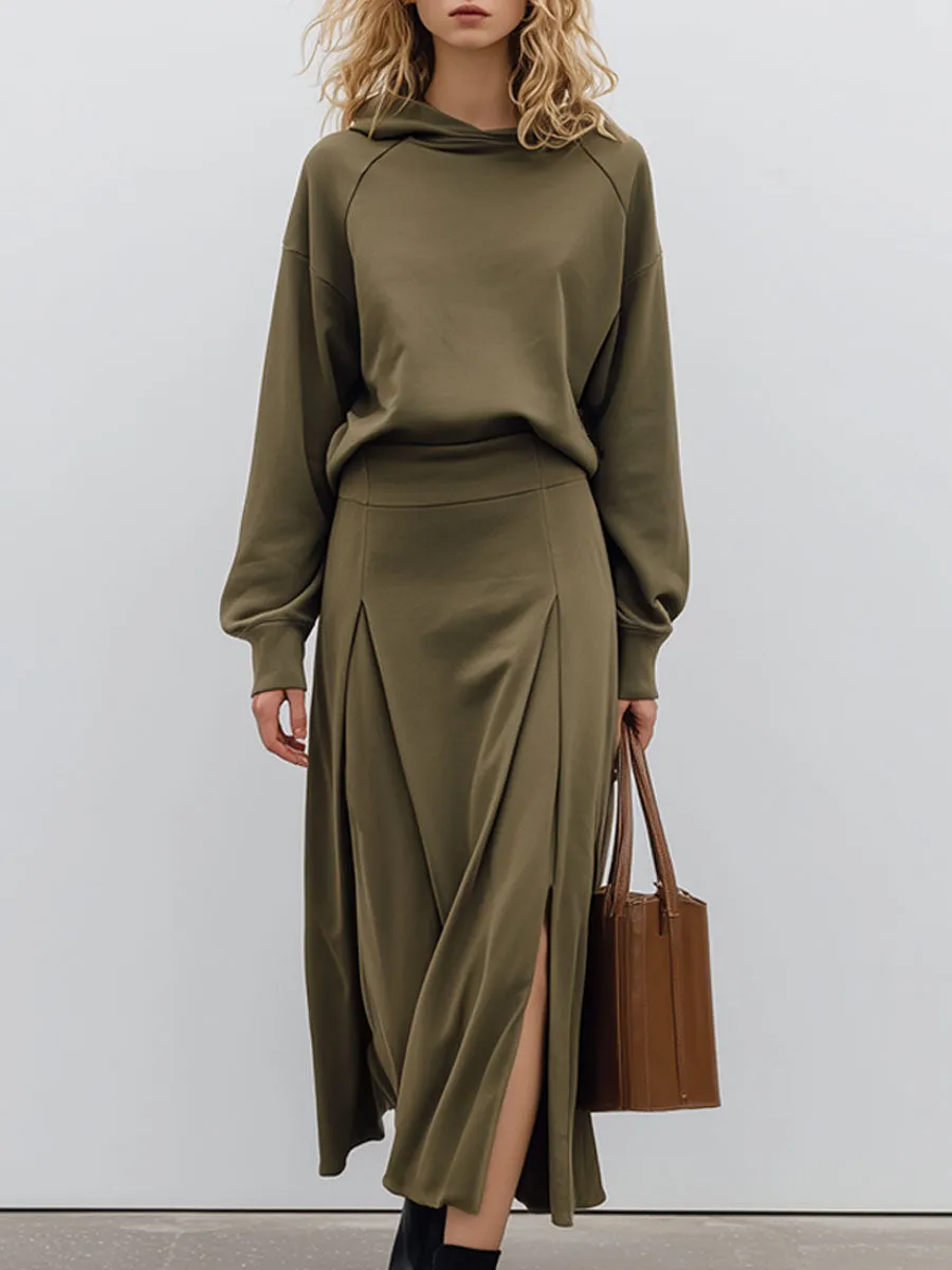 Casual Retro Army Green Cotton Hooded Sweatshirt And Slit Skirt Set sold by Oyrosy