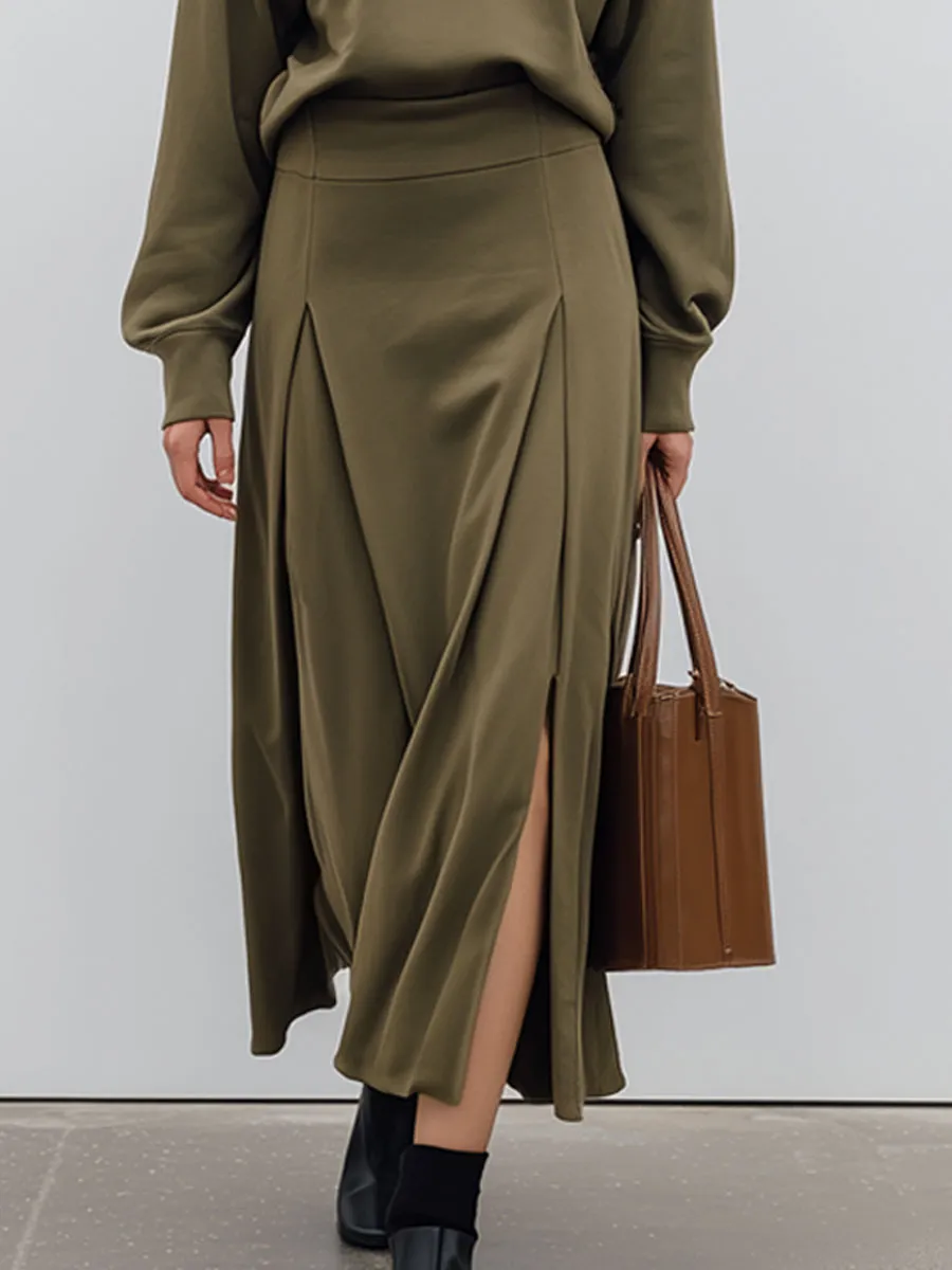 Casual Retro Army Green Cotton Hooded Sweatshirt And Slit Skirt Set sold by Oyrosy product image thumbnail 4