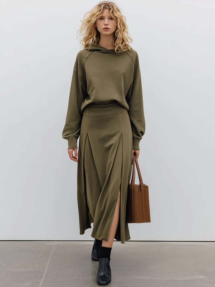 Casual Retro Army Green Cotton Hooded Sweatshirt And Slit Skirt Set sold by Oyrosy product image thumbnail 2