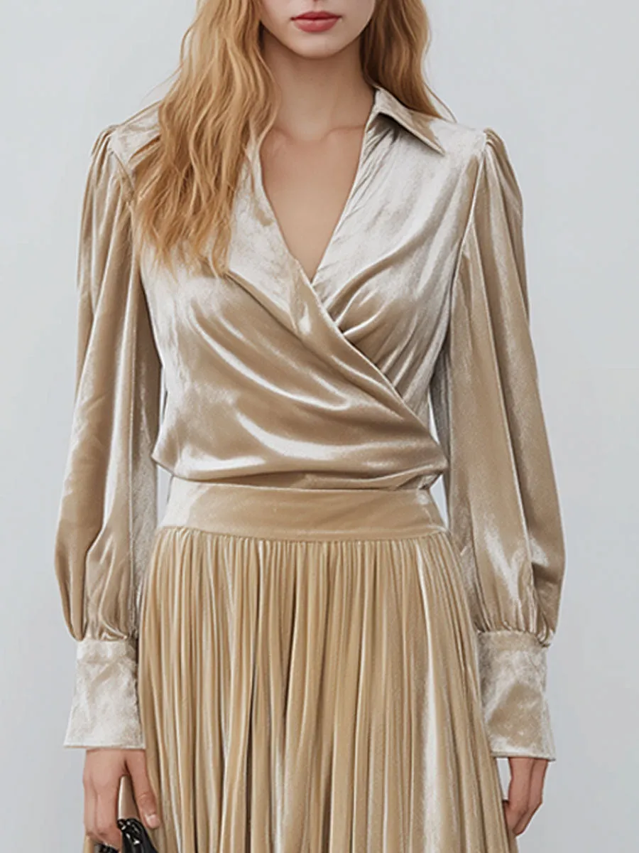 Vintage Champagne Diamond Velvet Long-Sleeved Shirt And Pleated Skirt Set sold by Oyrosy product image thumbnail 3