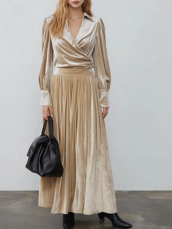 Vintage Champagne Diamond Velvet Long-Sleeved Shirt And Pleated Skirt Set sold by Oyrosy