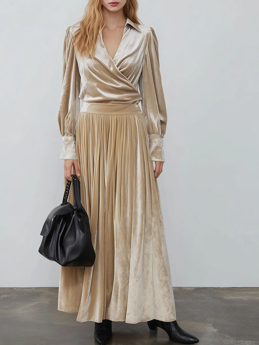 Vintage Champagne Diamond Velvet Long-Sleeved Shirt And Pleated Skirt Set sold by Oyrosy