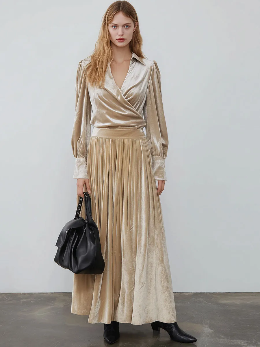 Vintage Champagne Diamond Velvet Long-Sleeved Shirt And Pleated Skirt Set sold by Oyrosy product image thumbnail 2