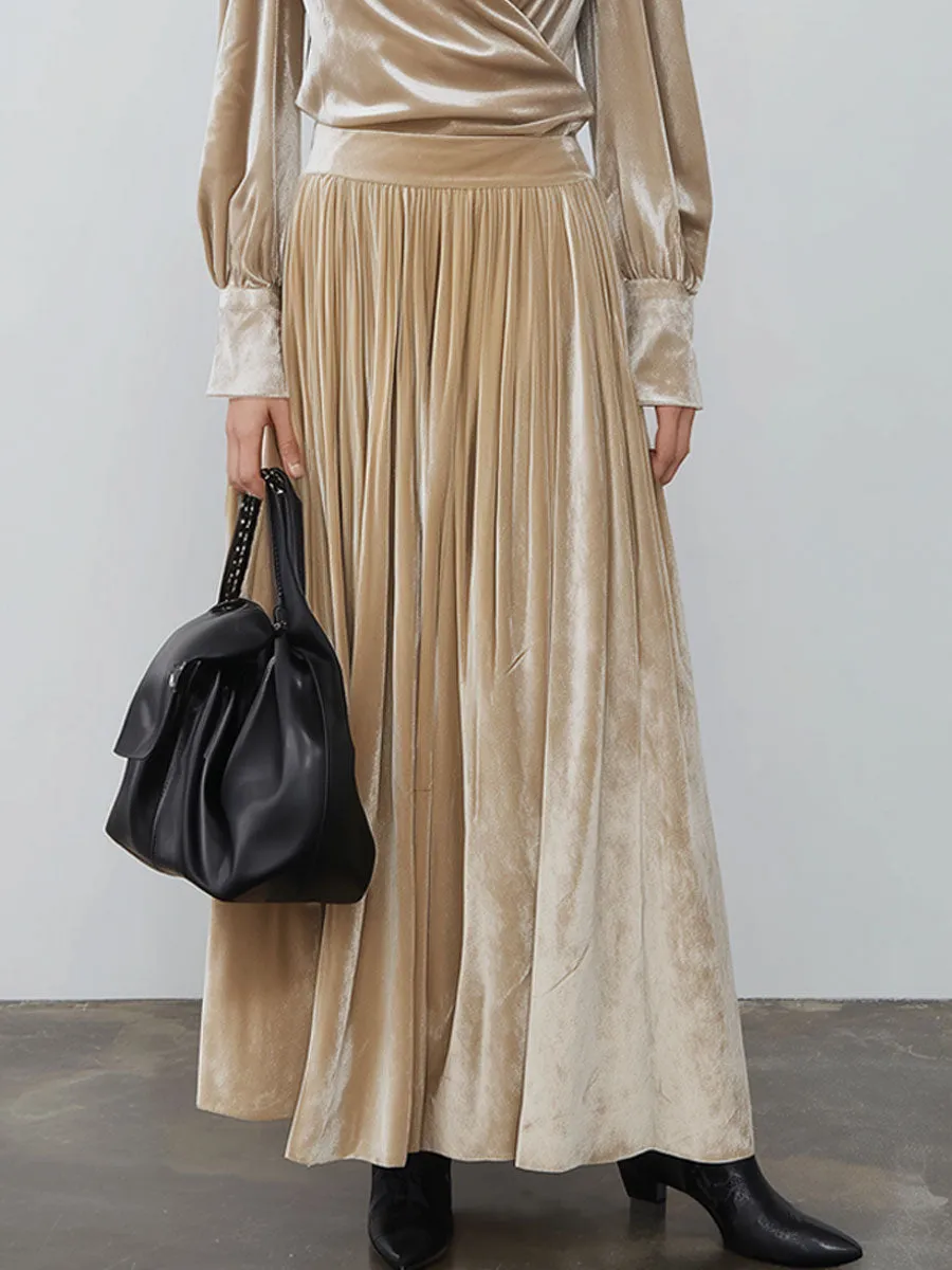 Vintage Champagne Diamond Velvet Long-Sleeved Shirt And Pleated Skirt Set sold by Oyrosy product image thumbnail 4