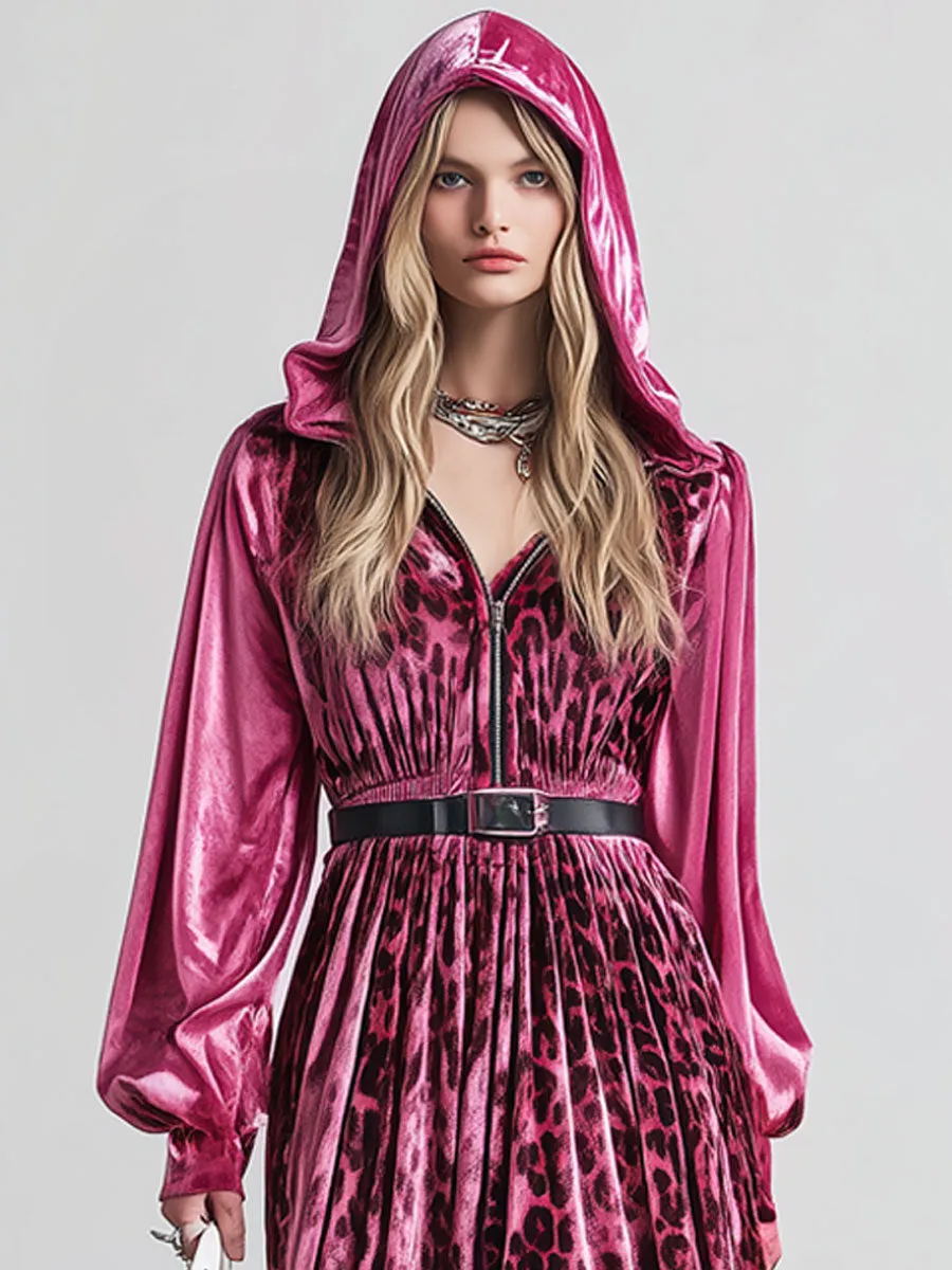 Casual Retro Pink Leopard Print Diamond Velvet Hooded Maxi Dress sold by Oyrosy product image thumbnail 2
