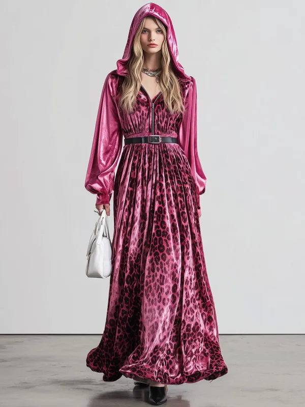 Casual Retro Pink Leopard Print Diamond Velvet Hooded Maxi Dress sold by Oyrosy