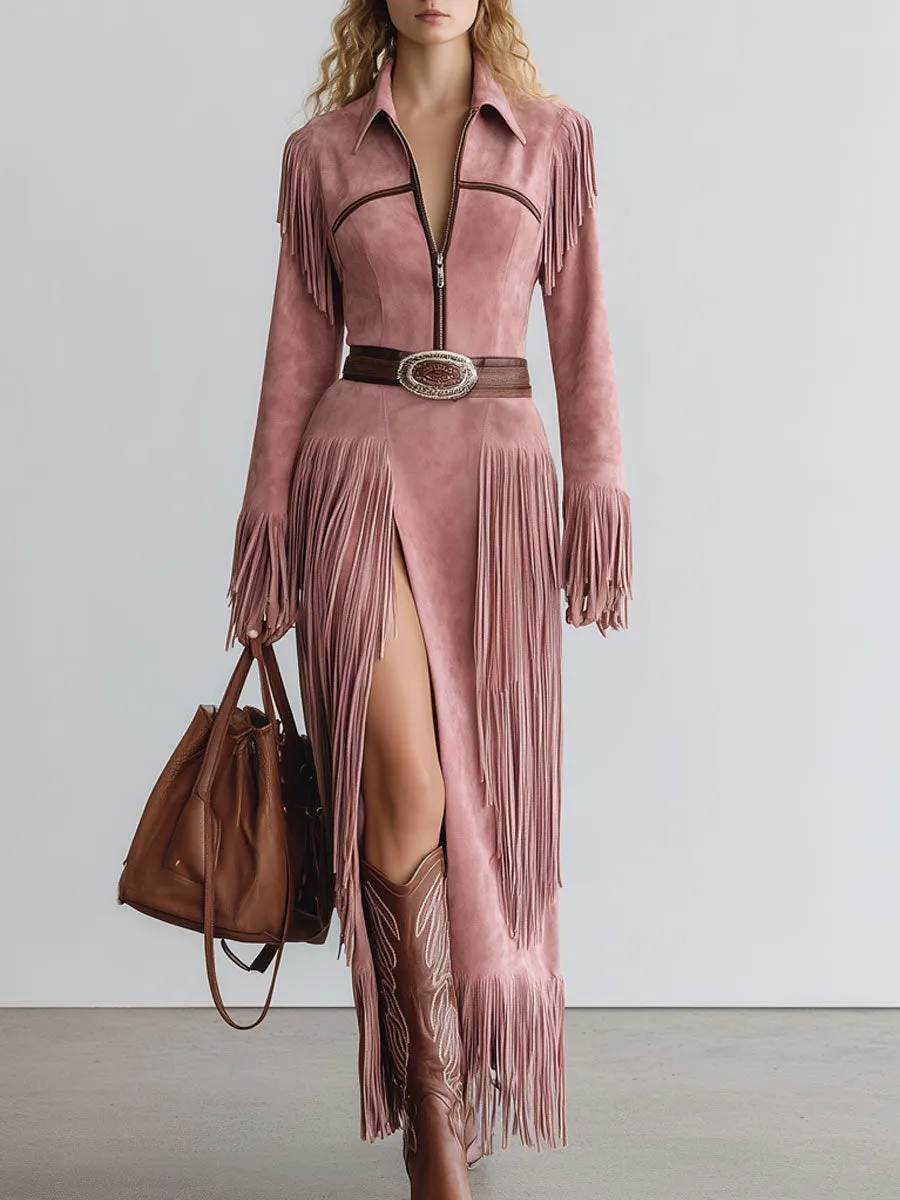 Western Retro Half-Zip Pink Faux Suede Tassel Long-Sleeved Slit Dress sold by Oyrosy