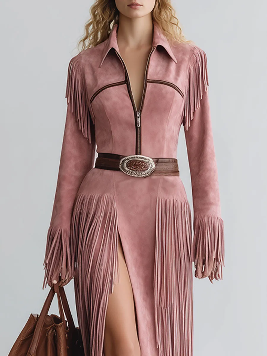 Western Retro Half-Zip Pink Faux Suede Tassel Long-Sleeved Slit Dress sold by Oyrosy product image thumbnail 3