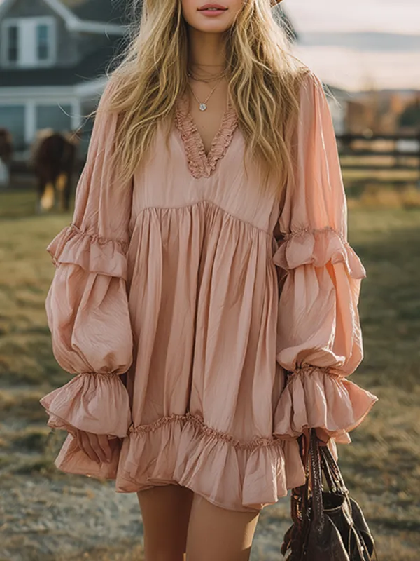 Elegant And Romantic Ruffles V-neck Pink Mini Dress sold by Oyrosy