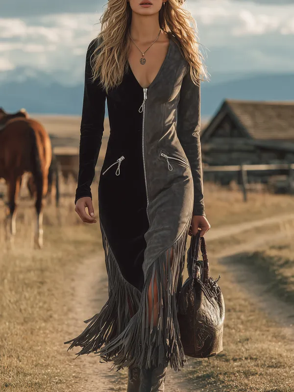 Chic Western-style Fringed Hem Black And Gray Faux Suede Midi Dress sold by Oyrosy