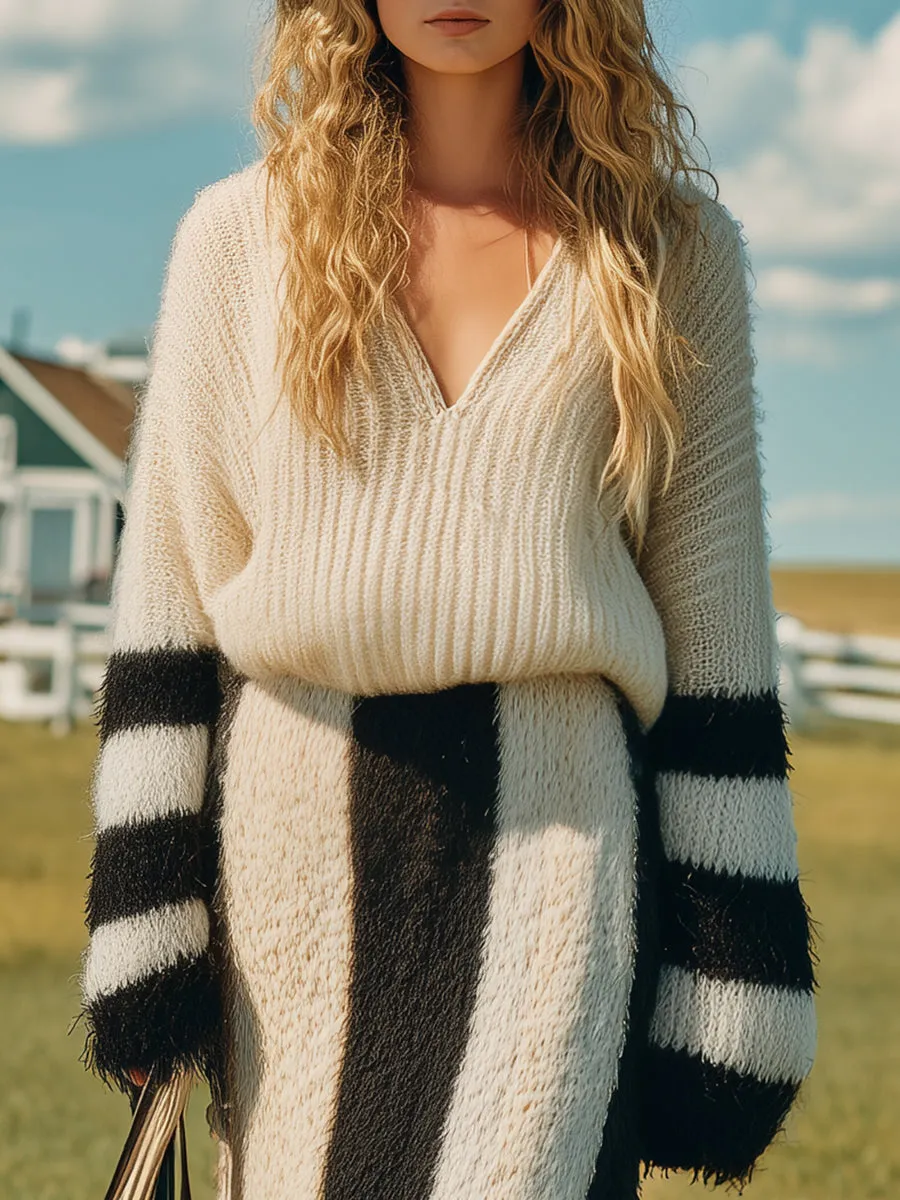 Retro-chic Black And White Striped Knit Sweater And Skirt Set sold by Oyrosy product image thumbnail 3