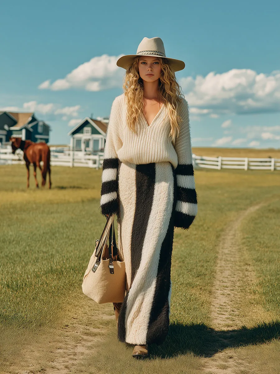 Retro-chic Black And White Striped Knit Sweater And Skirt Set sold by Oyrosy product image thumbnail 2