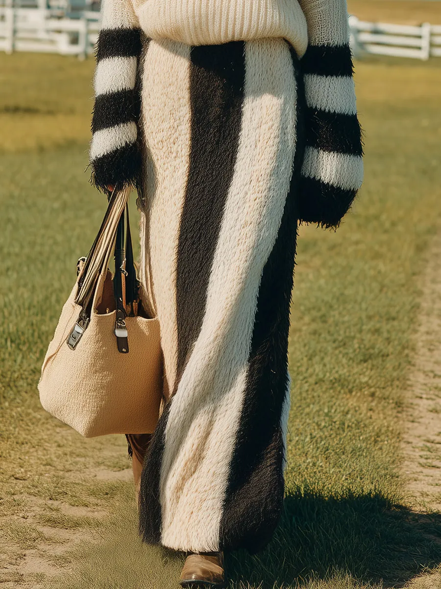 Retro-chic Black And White Striped Knit Sweater And Skirt Set sold by Oyrosy product image thumbnail 4