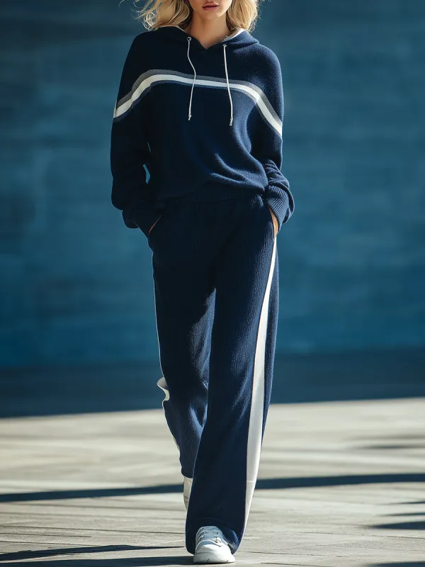 Casual Sports Hooded White Striped Wide-leg Navy Blue Knitted Set sold by Oyrosy