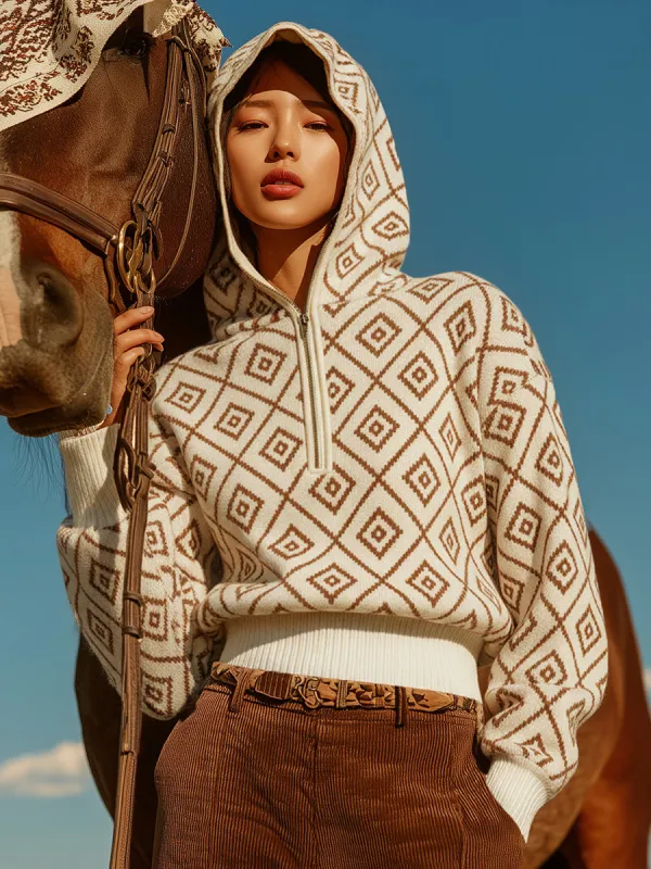 Retro Western Style Hooded Diamond Pattern Half-zip Sweater sold by Oyrosy