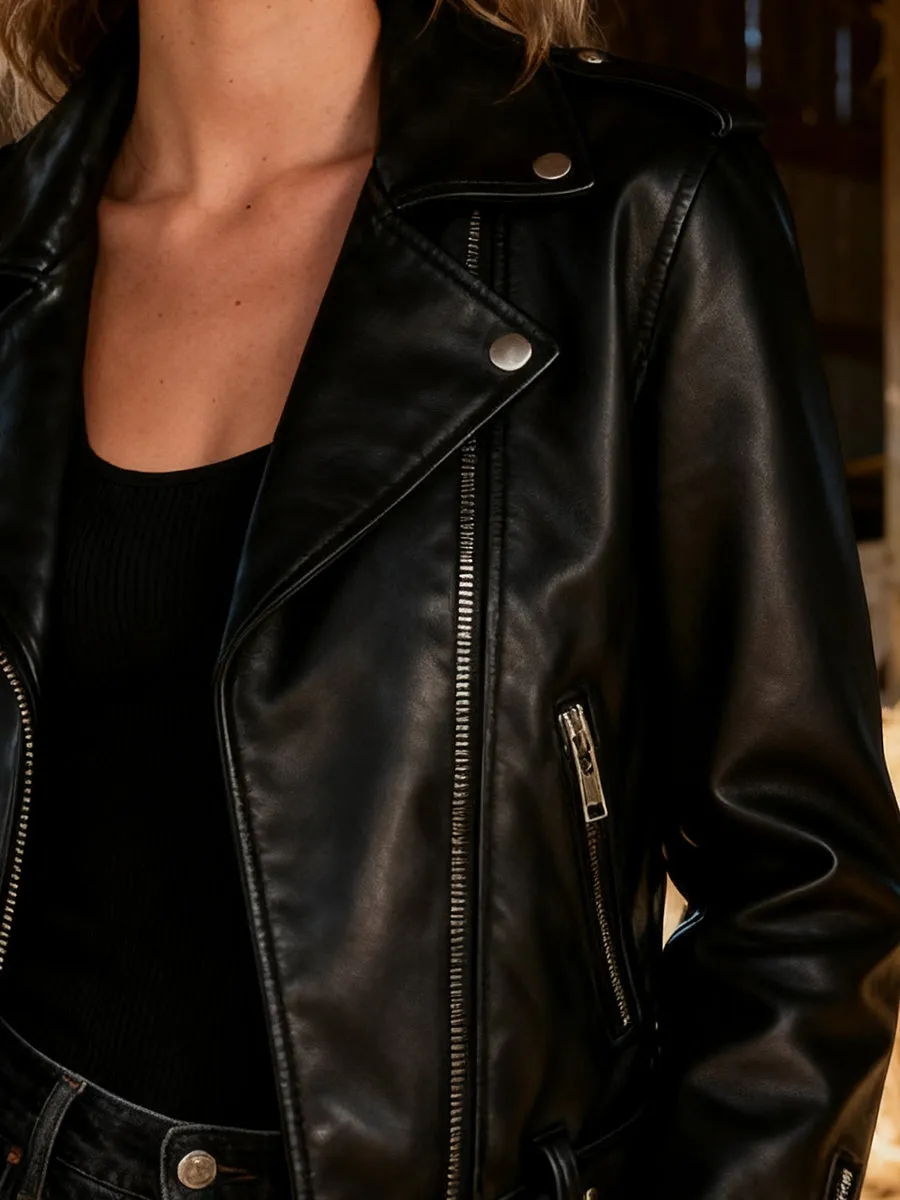 Western Black Faux Leather Zip-Up Short Jacket sold by Oyrosy product image thumbnail 3
