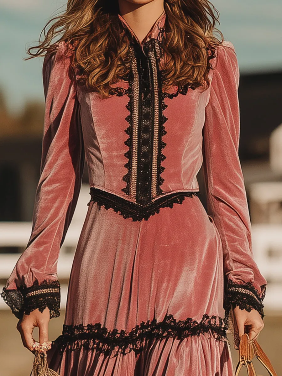 Western Pink Velvet Patchwork Lace Maxi Dress sold by Oyrosy product image thumbnail 4