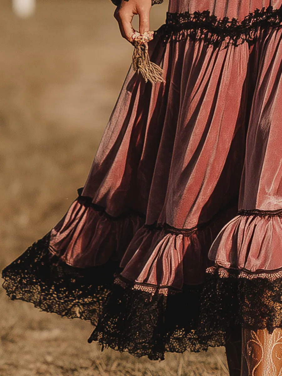 Western Pink Velvet Patchwork Lace Maxi Dress sold by Oyrosy product image thumbnail 3