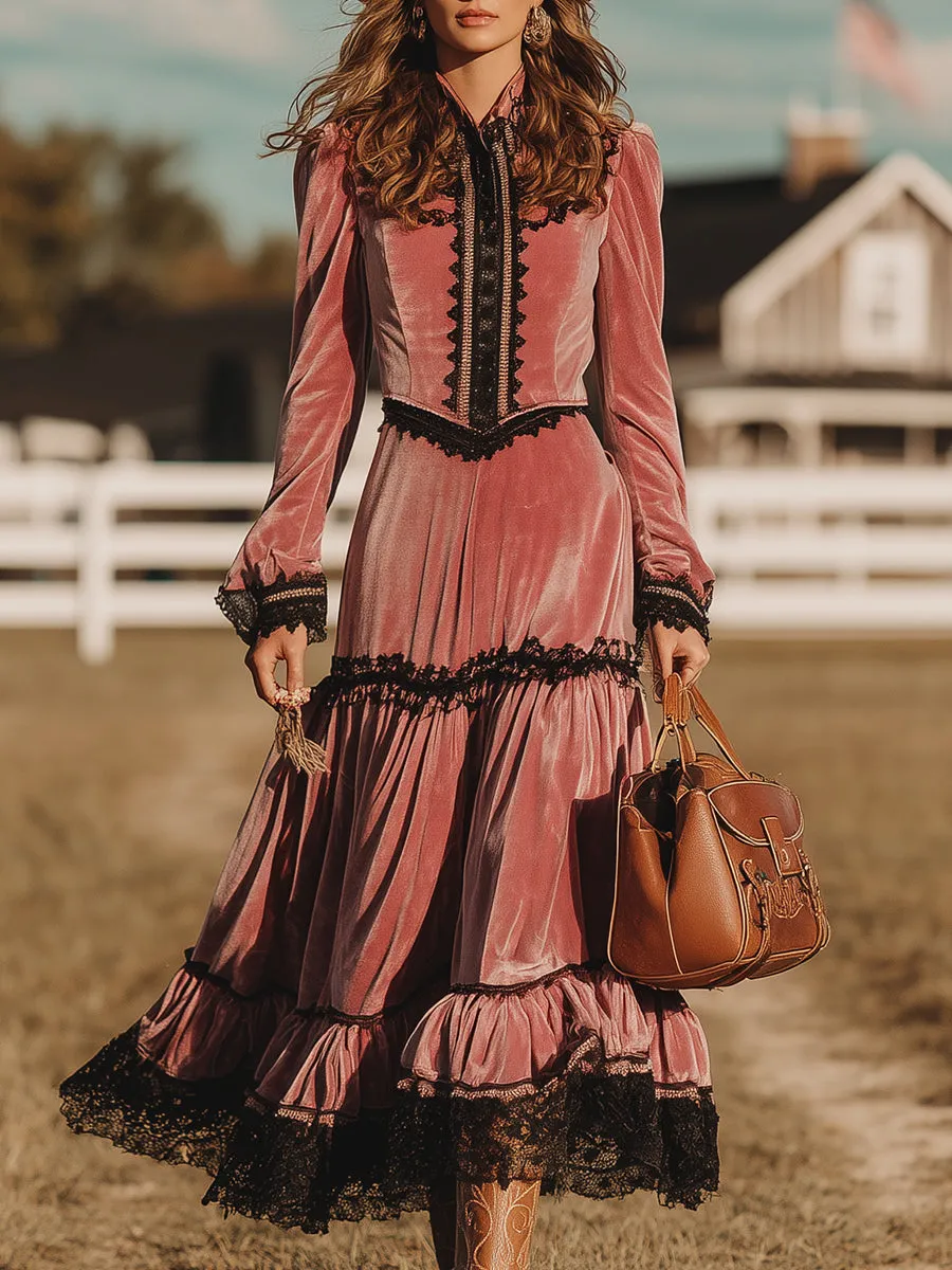 Western Pink Velvet Patchwork Lace Maxi Dress sold by Oyrosy
