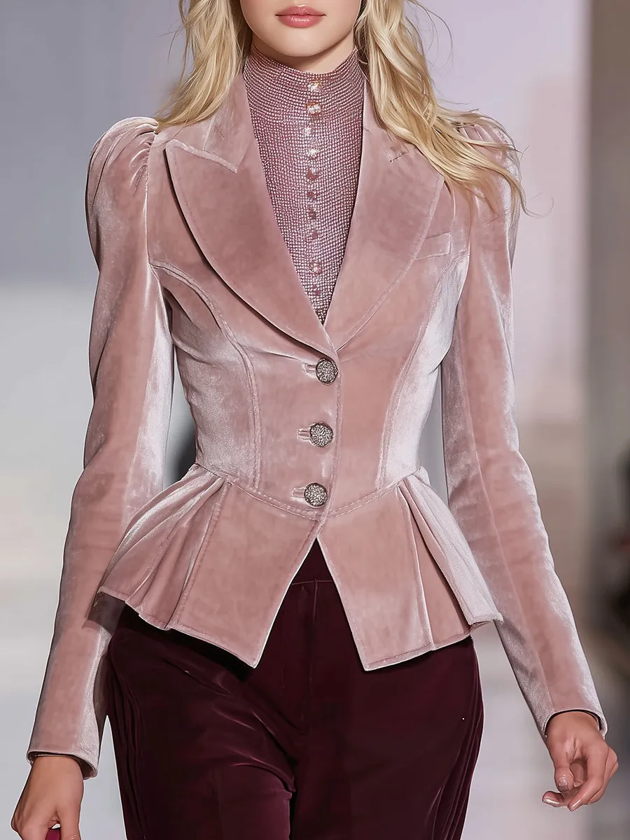 Retro-chic Lapel Fitted Waist Pink Velvet Blazer sold by Oyrosy