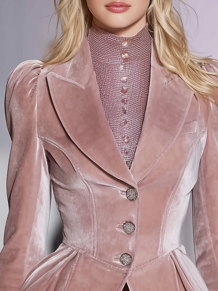 Retro-chic Lapel Fitted Waist Pink Velvet Blazer sold by Oyrosy product image thumbnail 3