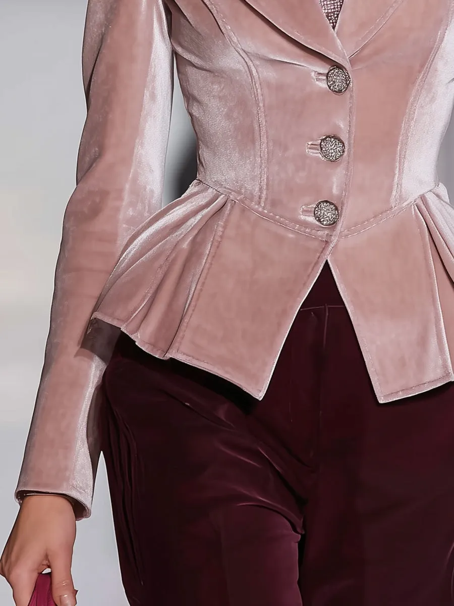 Retro-chic Lapel Fitted Waist Pink Velvet Blazer sold by Oyrosy product image thumbnail 4