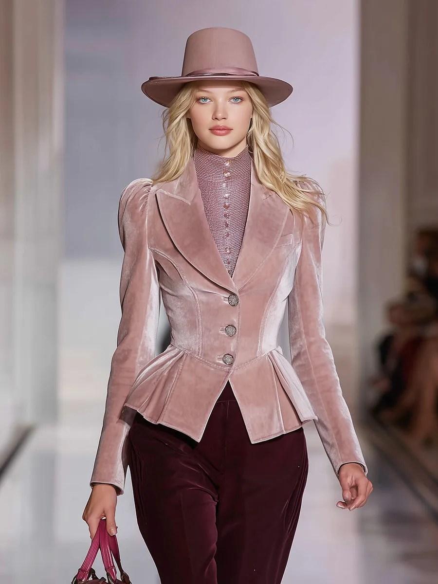 Retro-chic Lapel Fitted Waist Pink Velvet Blazer sold by Oyrosy product image thumbnail 2